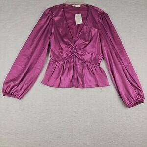 Idem Ditto Fuscia Ruched Peplum Top Long Puff Sleeve Sz Med City Chic NWT $80